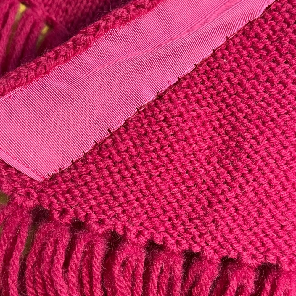 VINTAGE raspberry knit sweater poncho‎ cape wrap fringe button front 60s 70s - Picture 9 of 11